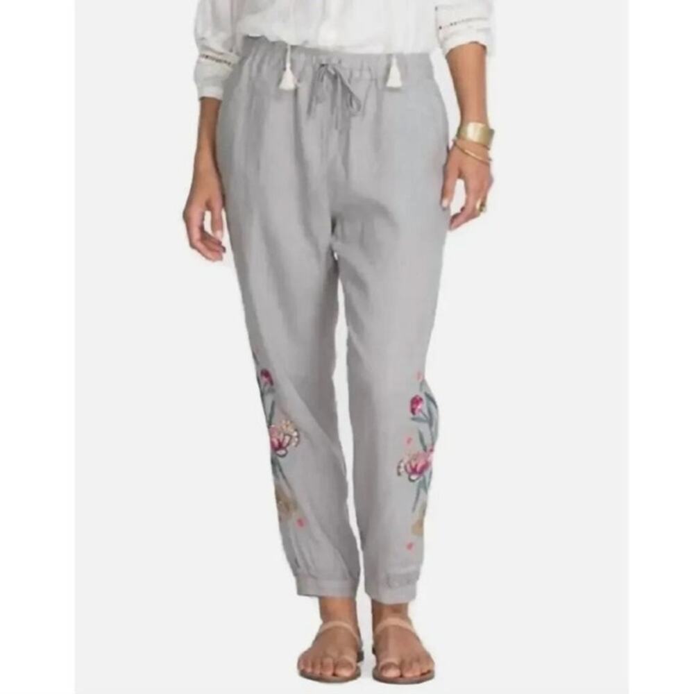 Johnny Was Jessica Embroidered Pewter Gray Linen Jogger Pants Size XS